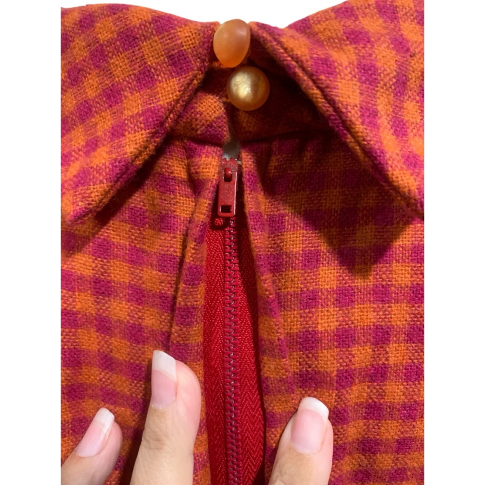 Vntg 60’s Women's homemade Long Sleeve wool Dress pink & Orange Gingham Volup - Picture 8 of 10